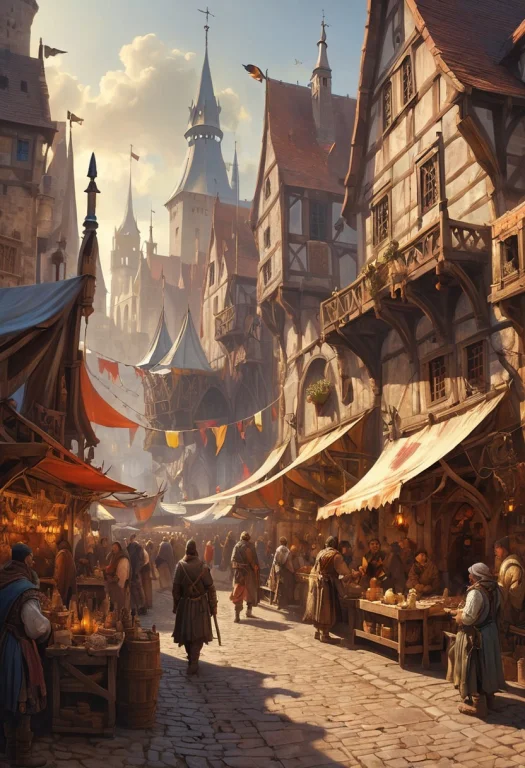 Bustling Medieval Marketplace In A Fantastical Port City, Wi...