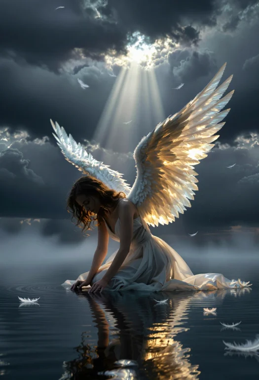 Mirage Split, A Dramatic Fantasy Scene Of A Winged Woman Kne...