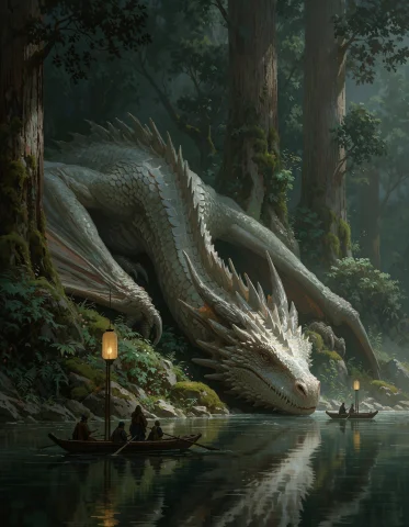 A Breathtaking, Majestic Fantasy Scene Featuring A Colossal,... — Stable Diffusion AI Prompt: A breathtaking, majestic fantasy scene featuring a colossal, pale-white serpenti...