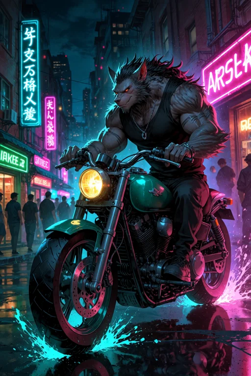 , Werewolf Riding A Motorcycle Through A Neon-lit City Stree...