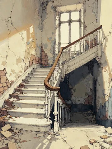 Abandoned Staircase Art — Stable Diffusion AI Prompt: Bradhamel art style.The image depicts a grand, decaying interior staircase in an...