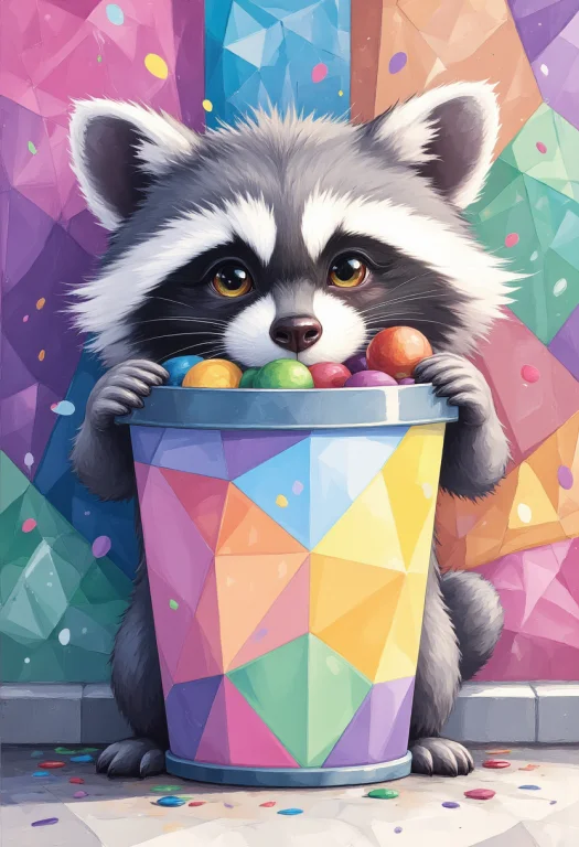 Illustrate An Adorable Polygonal Raccoon Peeking Out From Be...