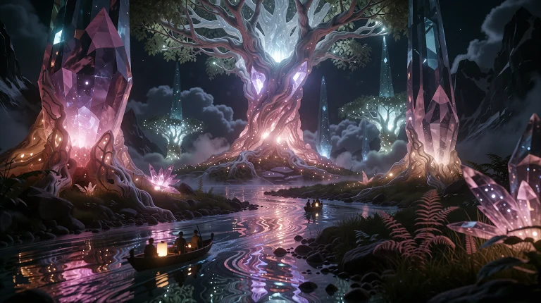 Fantasysci-fi Hybrid Landscape Of Towering Crystalline Trees...