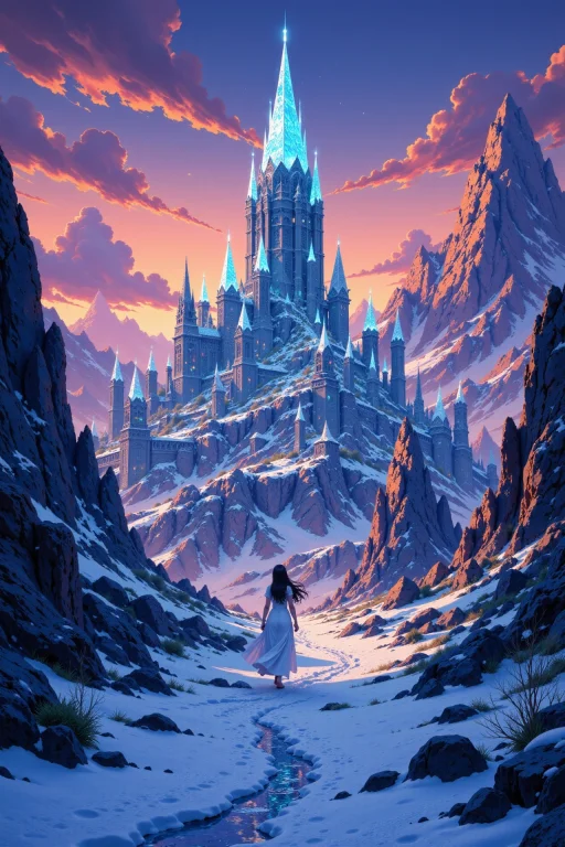 An Ice City Beautiful Anime Landscape, Dusk, Woman, Very Int...