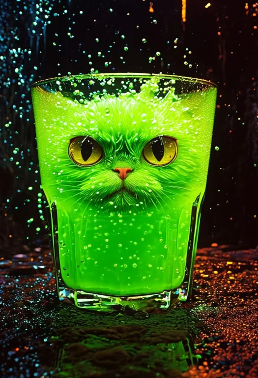 A Giant Glass Of Bubbly Green Liquid With Big Yellow Eyes, S...