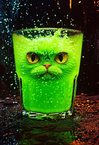 A Giant Glass Of Bubbly Green Liquid With Big Yellow Eyes, S... — SDXL AI Prompt: A giant glass of bubbly green liquid with big yellow eyes, sitting ominously in...