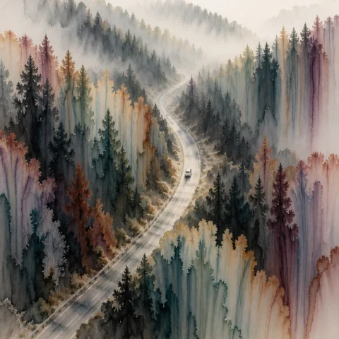 Cinematic Aerial Road Through Forest — Stable Diffusion AI Prompt: A cinematic aerial view from above, capturing a winding mountain road that curve...