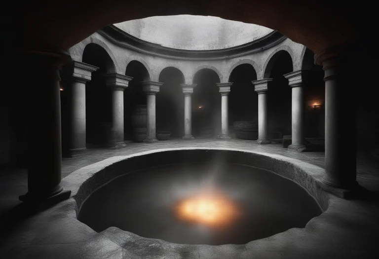 A Roman Bath Steaming Beneath Vaulted Stone, Documentary Pho...
