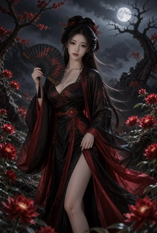 古装妖女题材东方奇幻电影剧照，深夜红色花海，中近景。一名二十...