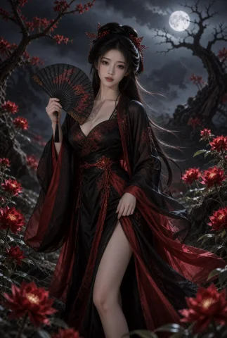 古装妖女题材东方奇幻电影剧照，深夜红色花海，中近景。一名二十... — Stable Diffusion AI Prompt: 古装妖女题材东方奇幻电影剧照，深夜红色花海，中近景。一名二十五岁左右的年轻漂亮中...