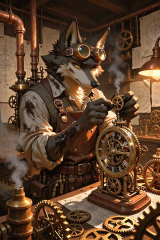 Df5tyle, An Anthropomorphic Wolf Inventor In A Workshop Clut... — Stable Diffusion AI Prompt: df5tyle, An anthropomorphic wolf inventor in a workshop cluttered with brass gea...