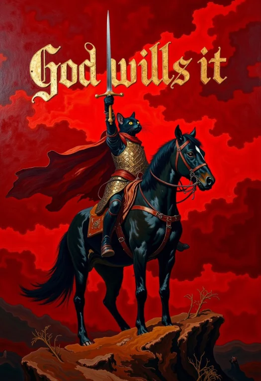 Oil Painting Of A Black Cat Crusader On Horseback With A Lon...