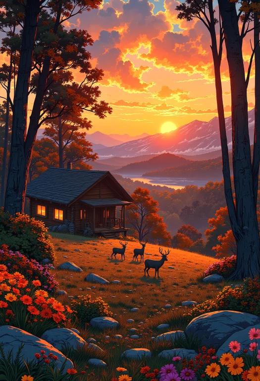 A Sunset Cabin In The Woods, A Deer Grazing In The Foregroun...