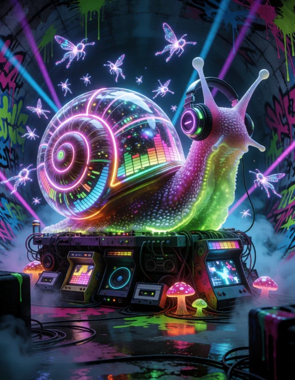 Illustrate An Eccentric Futuristic Protagonist A Giant Neon...