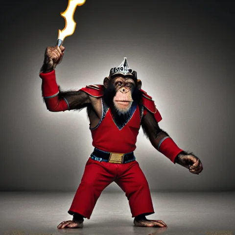 Chimp Fighting A Dragon Wearing Knights Armor Fire Bellows C... — Stable Diffusion AI Prompt: chimp fighting a dragon wearing knights armor fire bellows cinematic