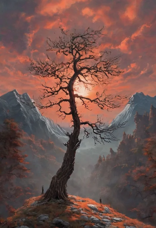 The Image Presents A Surrealistic Landscape Scene. Dominatin...