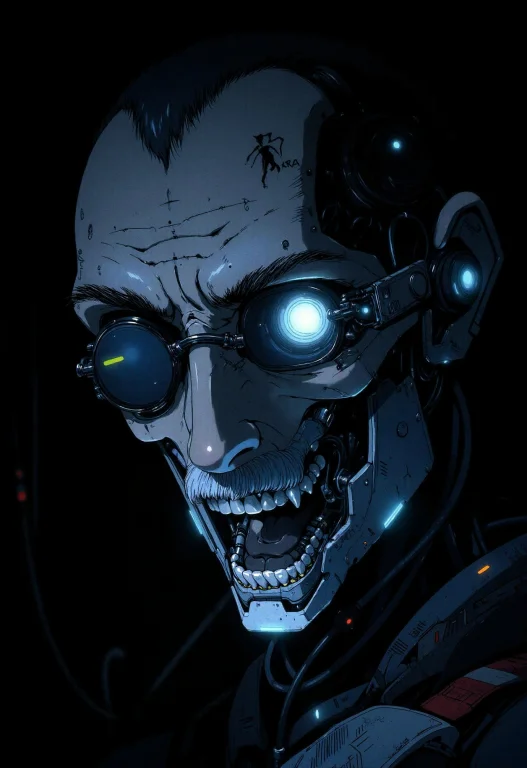 In The Style Of Ckra, A Weathered Cyborg Slowly Turns His He...