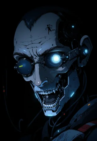 In The Style Of Ckra, A Weathered Cyborg Slowly Turns His He... — FLUX AI Prompt: in the style of ckra, A weathered cyborg slowly turns his head to face the camer...