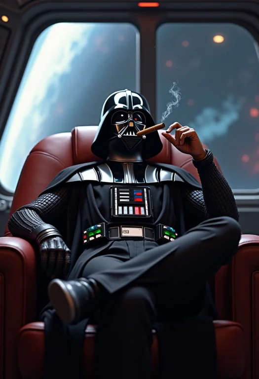 Darth Vader Is Leaning Back In A Leather Chair Smoking A Cig...