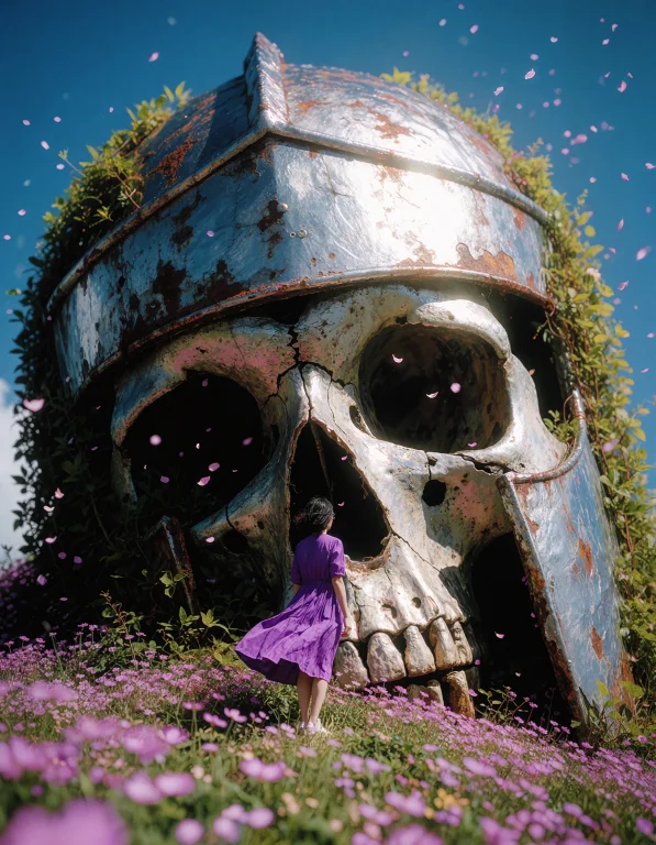 A Woman In A Purple Dress. She Is Standing On A Hill And In...