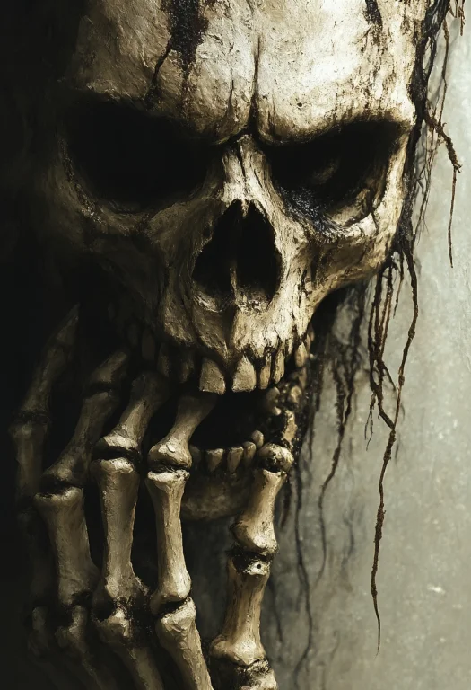 Close Up Face Of Skeleton, Angry, Touchig His Face, Surreali...