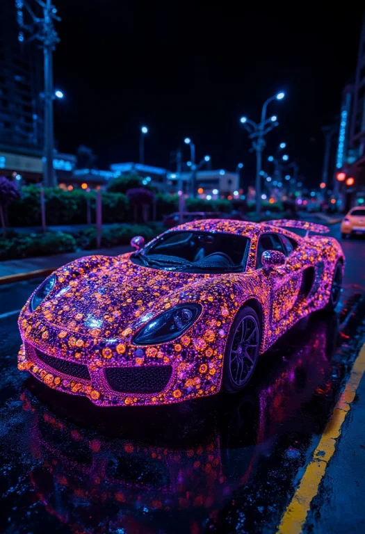 A Supercar Covered In Neon Mold, City Background, Nightlife...