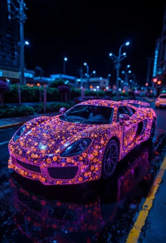 A Supercar Covered In Neon Mold, City Background, Nightlife... — FLUX AI Prompt: a supercar covered in neon mold, city background, nightlife setting, contrast