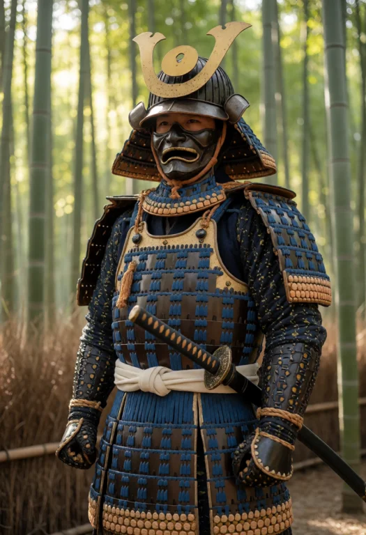 Portrait Of A Samurai In Lamellar Cuirass And Kabuto Helmet...