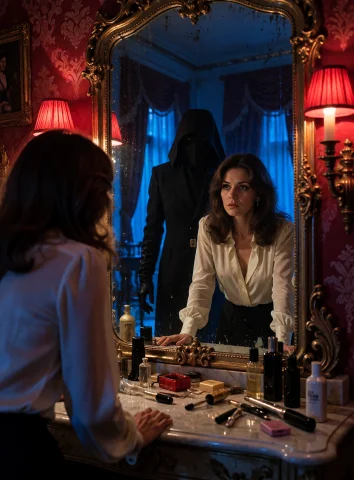 Lorakreagiallostyle0.6an Adult Brunette Woman In A White Sil... — Stable Diffusion AI Prompt: An adult brunette woman in a white silk blouse standing before an enormous antiq...