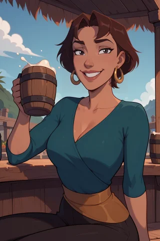 Loramarina Sinbadanimalora1marina, Dark Skin, Short Hair, Br... — Stable Diffusion AI Prompt: marina, dark skin, short hair, brown hair, brown eyes, hoop earrings, blue shirt...