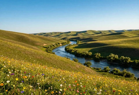 A Breathtaking Landscape Featuring Rolling Hills, Vibrant Wi... — Stable Diffusion AI Prompt: A breathtaking landscape featuring rolling hills, vibrant wildflowers, and a cle...
