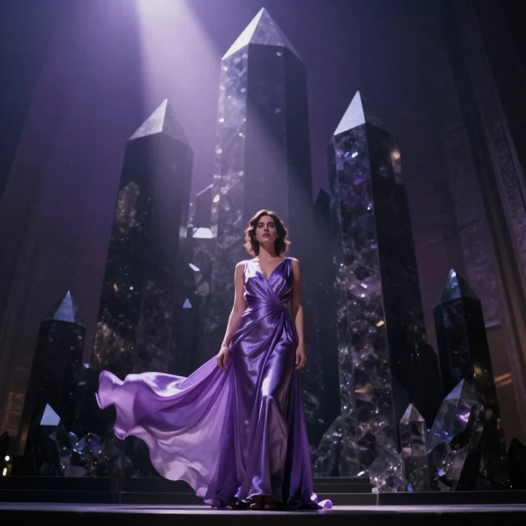 Low Angle Wide Shot, Woman In Iridescent Flowing Amethyst Si...