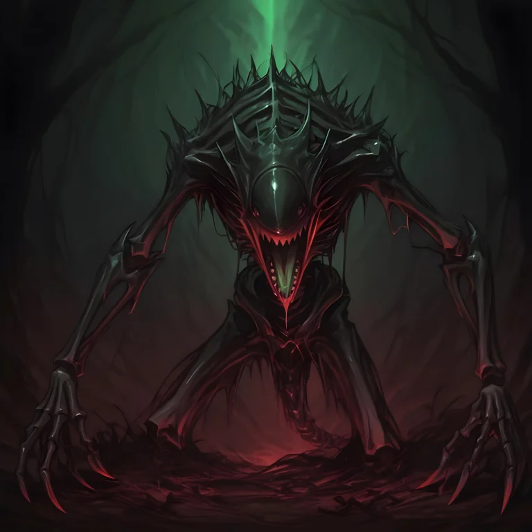 A Menacing Skeletal Monster Crouching In A Shadowy Forest, E...
