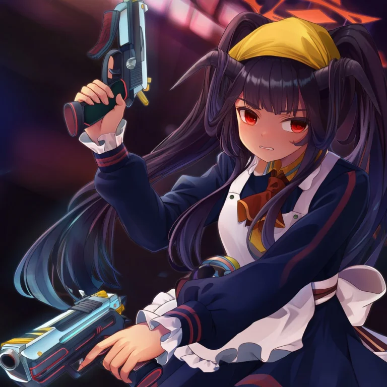 1girl, Horns, Red Eyes, Apron, Solo, Weapon, Long Hair, Gun,...
