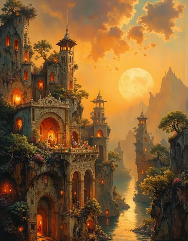 Surrealism, East Asian Architecture, A Classical Oil Paintin...