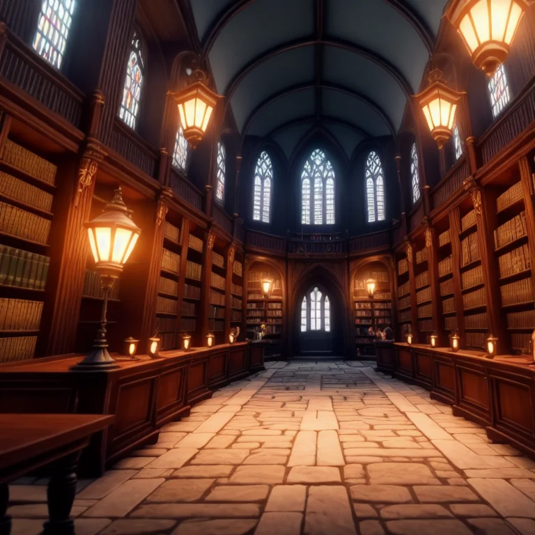 Inside A Magical Library, Lamps Dark,wide View,h0glegacy,180...