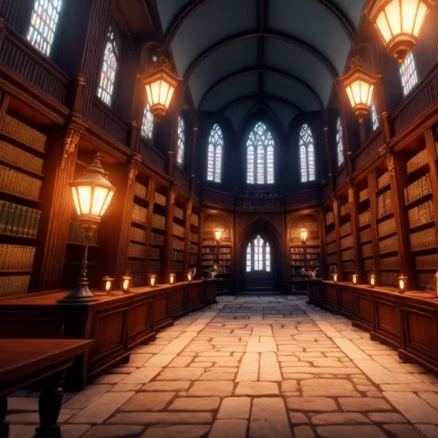 Inside A Magical Library, Lamps Dark,wide View,h0glegacy,180... — Stable Diffusion AI Prompt: (inside a magical library, lamps) dark,(wide view),(H0GLEGACY),(1800s),(dusk),(m...