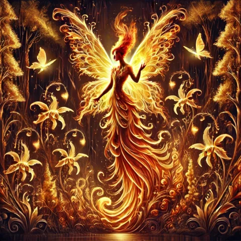 A Lush Forest Landscape With Fireflies And Fairies Flying Ar... — Stable Diffusion AI Prompt: a lush forest landscape with fireflies and fairies flying around a woman with go...