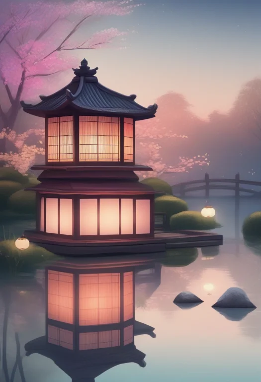 A Lantern-lit Teahouse Beside A Still Pond, Studio Lighting,...