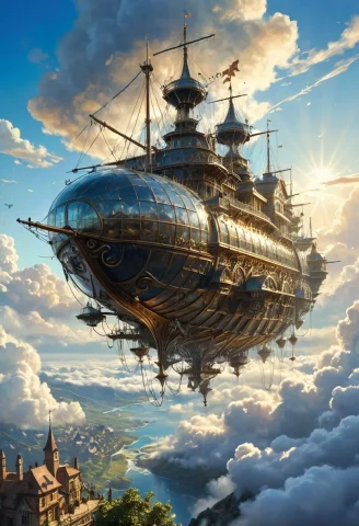 Distant Shot, A Magic Flying Ship, Above The Clouds, In The... — SDXL AI Prompt: Distant shot, a magic flying ship, above the clouds, in the far distance, brilli...