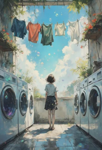 A Dreamy Anime Style Ink Illustration Of A Quiet Laundromat... — FLUX AI Prompt: A dreamy anime style ink illustration of a quiet laundromat opening onto a brill...