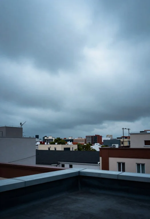 A Rooftop View Of A City Under Low Clouds, Surrealism, Long...