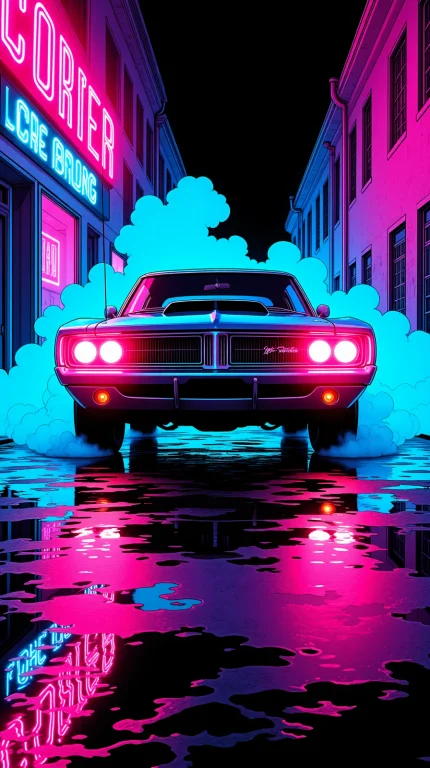 Illustration Of A Roaring 1970 Dodge Charger Tearing Through...