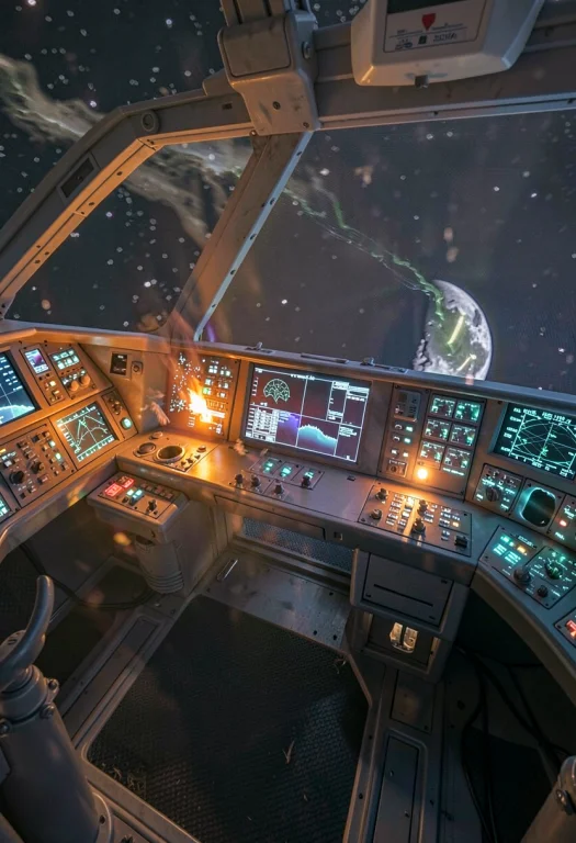 The Bridge Of A Starship Bathed In Console Glow, Firelight,...