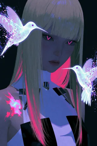 Stylized Portrait with Hummingbirds — Stable Diffusion AI Prompt: highres, absurdres,@GL4SY4R4V, This stylized digital artwork depicts a close-up...