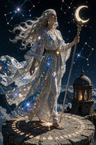 A Celestial Witch Standing Atop An Ancient Observatory, Her... — Stable Diffusion AI Prompt: A celestial witch standing atop an ancient observatory, her shimmering gown refl...