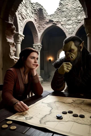 Beautiful Woman In The Interior Of A Crumbling Fortress, Whe... — Stable Diffusion AI Prompt: beautiful woman in The interior of a crumbling fortress, where an orc warlord pl...