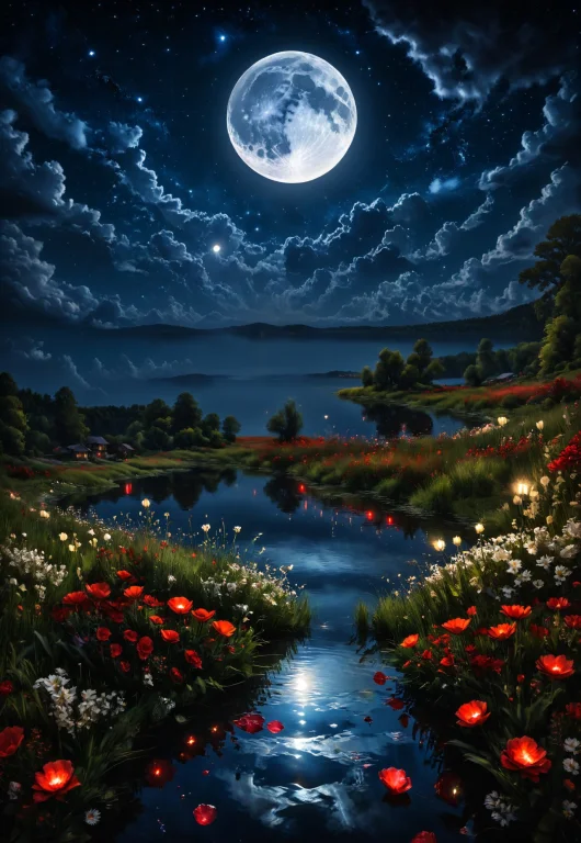 Night Time, Cloudy Night, Stars, Crystal Clear Blue Lake Sur...