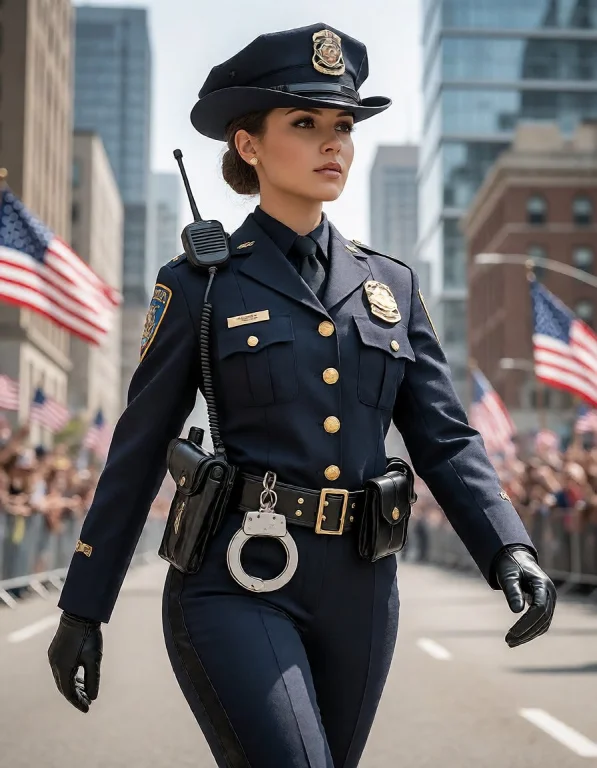 A Realistic Female Police Officer Confidently Marching Durin...