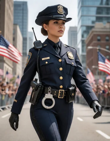 A Realistic Female Police Officer Confidently Marching Durin... — Stable Diffusion AI Prompt: A realistic female police officer confidently marching during a national parade...